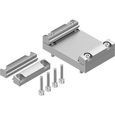 Metalen machineonderdeel met een rechthoekige basisplaat en twee verwijderbare bevestigingen. Vier schroeven zijn afgebeeld.
