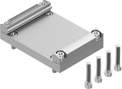 Een zilvergrijze metalen drager met vier schroeven, bedoeld voor bevestiging. Geschikt voor structurele montages.