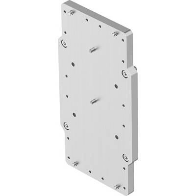 Metalen montageplaatje met meerdere schroefgaten op een witte achtergrond. Gebruikt voor industriële bevestigingstoepassingen.