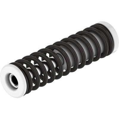 Een zwarte metalen pen met witte eindkappen.