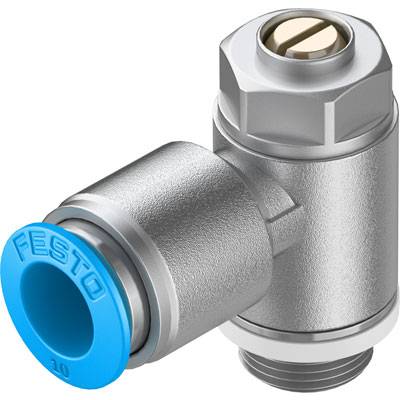 Een pneumatische slangverbinder met een blauwe dop die is voorzien van het opschrift 'FESTO'. Verbindt slangen in een pneumatisch systeem.