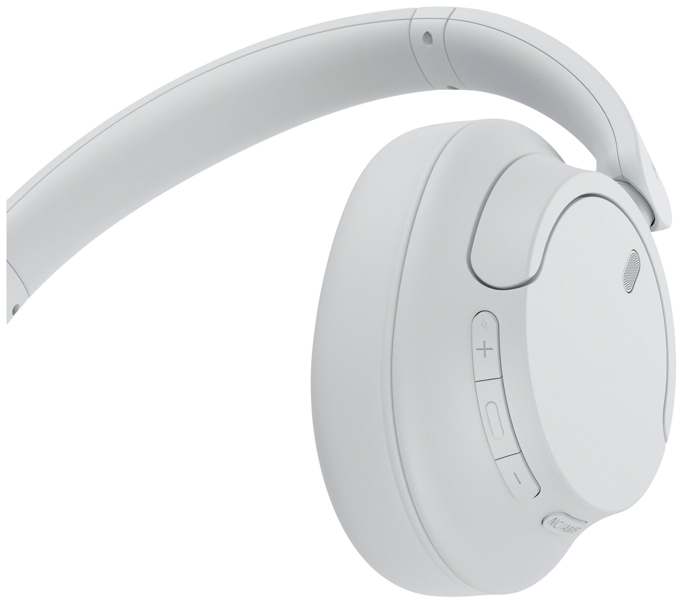 Witte over-ear koptelefoon met knoppen aan de zijkant voor volume- en afspeelregeling.