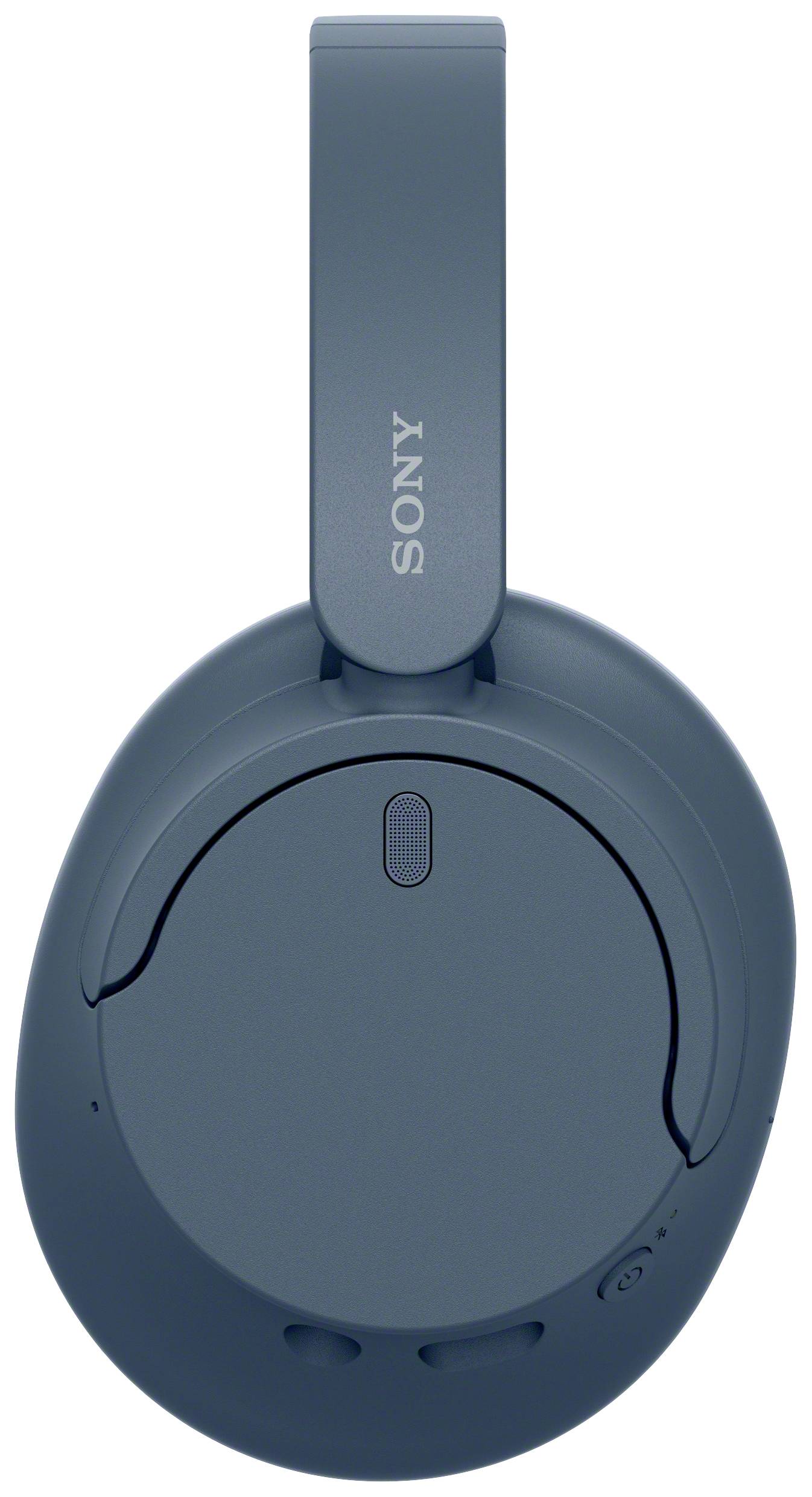 Blauw over-ear koptelefoonmodel, bovenaanzicht, toont de oorschelp met Sony-logo op de beugel.