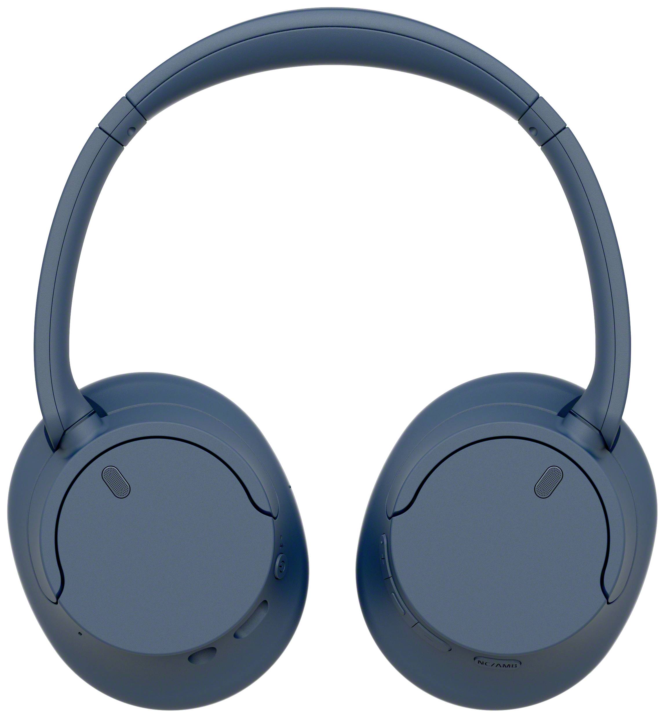 Draadloze, blauwe over-ear koptelefoon met gewatteerde oorschelpen en een verstelbare hoofdband, weergegeven op een witte achtergrond.