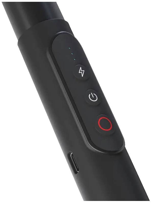 Een zwarte elektrische scooterhandgreep met drie knoppen: bliksemymbool, aan/uit-symbool, rode cirkel. Blauwe LED-indicatoren erboven.