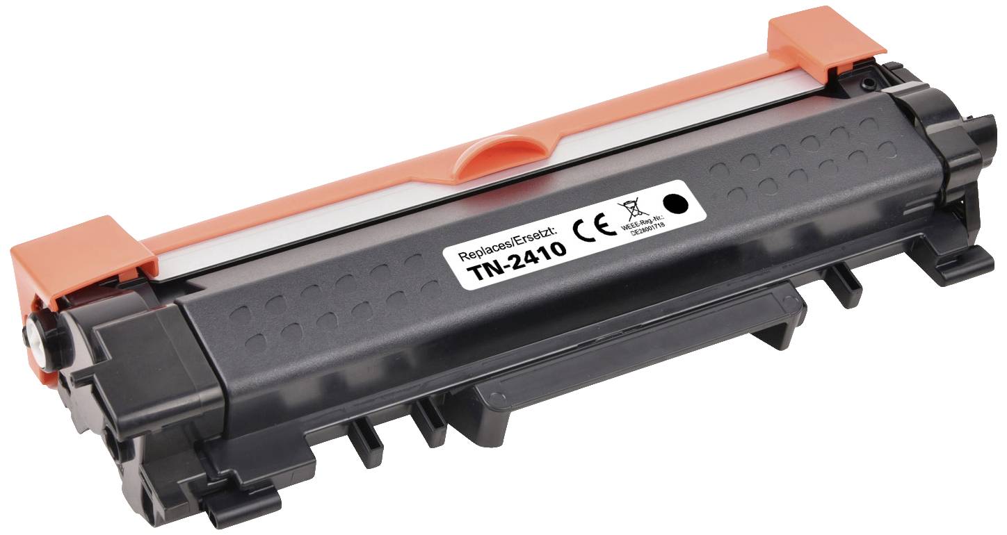 Zwarte laserprinter-tonercartridge met de tekst 'Replacement for TN-2410', omgeven door oranje kunststofdelen.