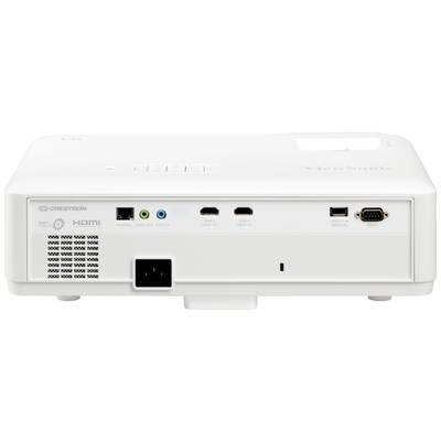 Achterkant van een projector met aansluitingen: HDMI, VGA, USB, LAN en audio-ingangen. Merknaam 'ViewSonic' zichtbaar.