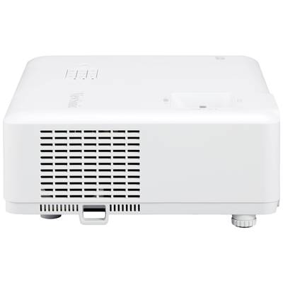 Een witte, rechthoekige projector van opzij, met ventilatiesleuven en knoppen aan de bovenkant.