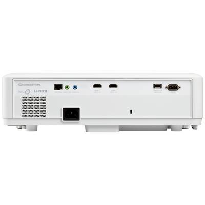 Achterkant van een projector met verschillende aansluitingen, waaronder HDMI, USB en audio-ingangen.