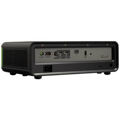 Een zwarte mini-pc van achteren, met meerdere aansluitingen: HDMI, USB, Audio en stroom. Geschikt voor kantoren of thuisgebruik.