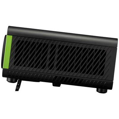 Zwarte luidspreker met groene streep, liggend op zijn kant.
