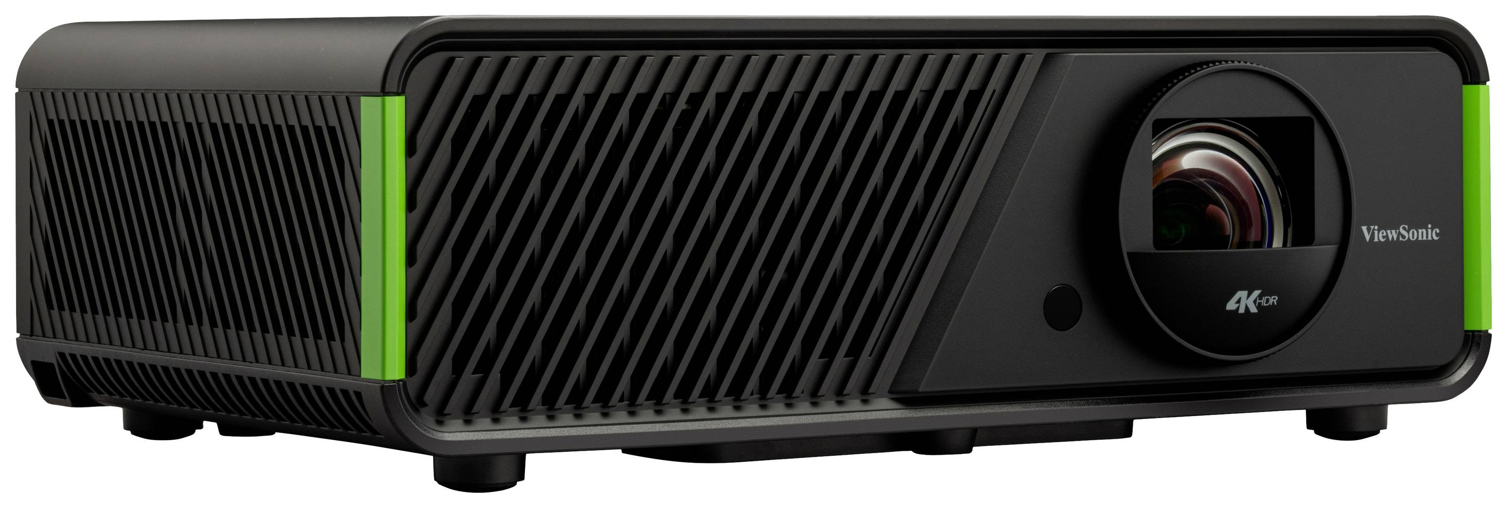 Een zwarte 4K-projector met groene accenten, schuin geplaatst. Een groot objectief en 'ViewSonic 4K+' zijn zichtbaar aan de voorkant.