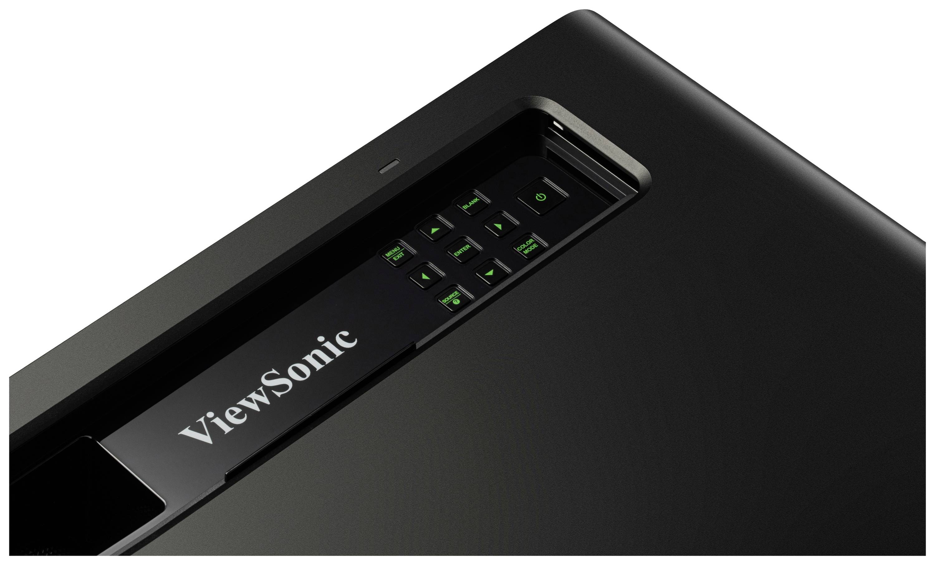Een zwarte monitor met het merk 'ViewSonic' en groene knoppen aan de zijkant voor het regelen van helderheid en contrast.