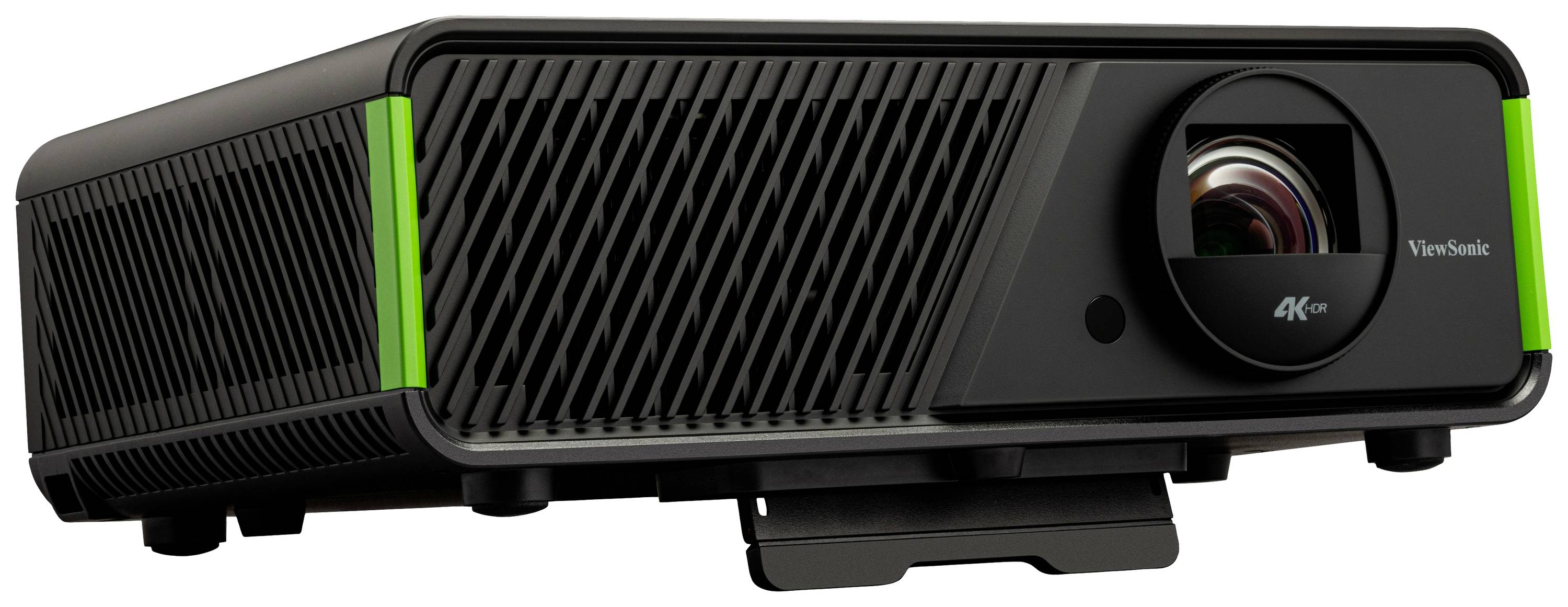 Een zwarte 4K-projector met ventilatiesleuven en een groot objectief aan de voorkant zorgt voor hoogwaardige beeldweergave.