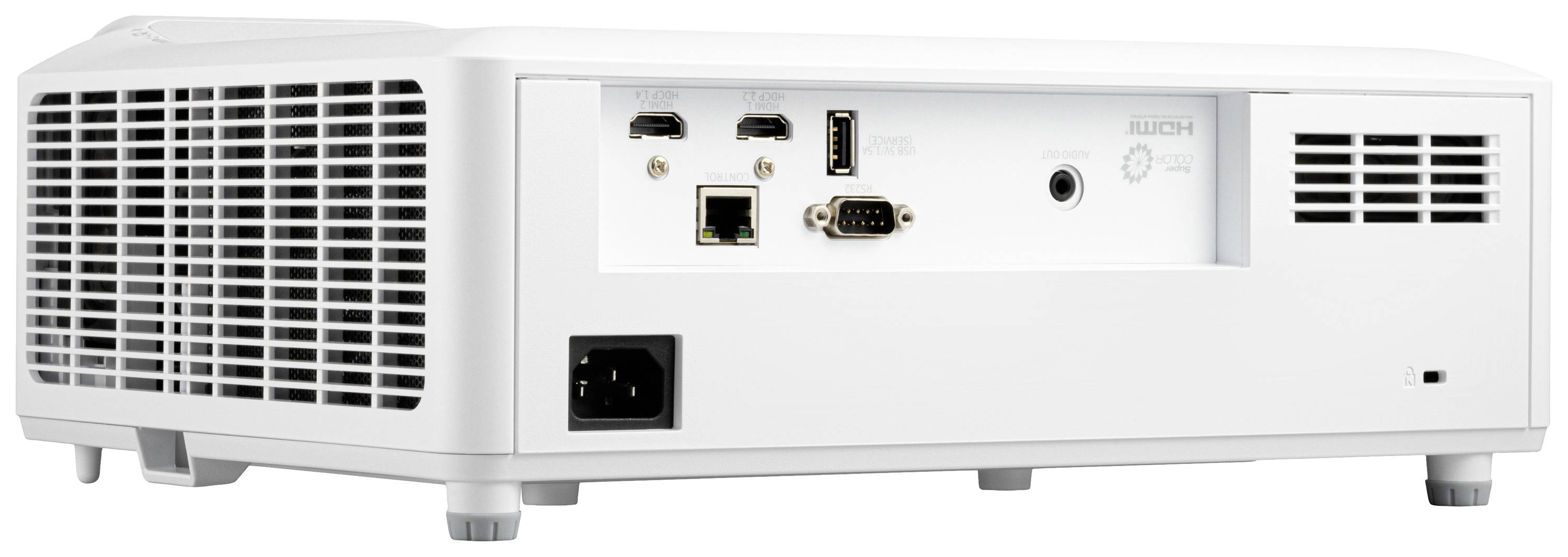 Witte projector van achteren, met verschillende aansluitingen waaronder HDMI, USB, LAN en stroomaansluiting.