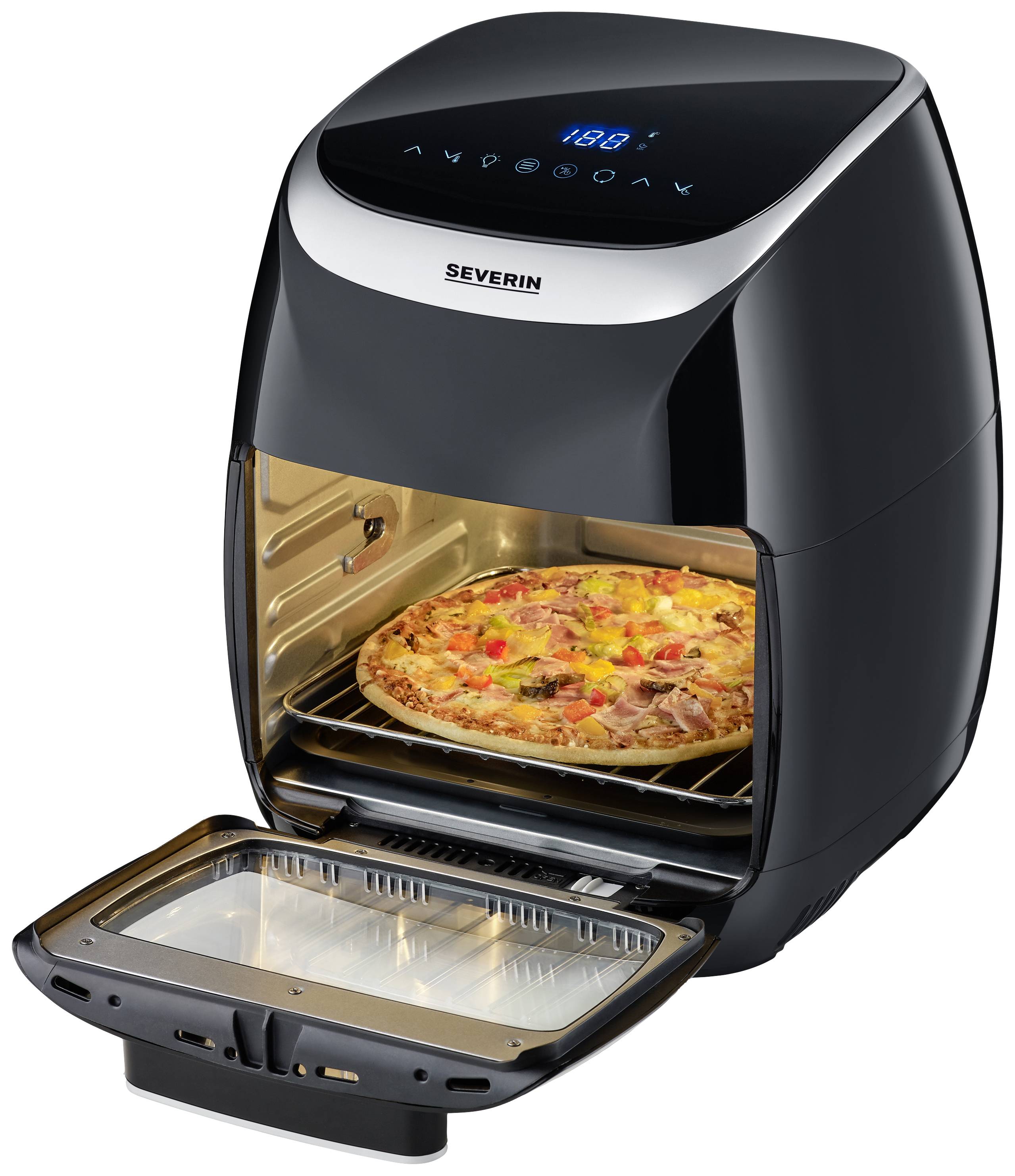 Een zwarte oven met een open deur toont een gebakken pizza met paprika, tomaten en ham op het rooster. Een display bovenaan toont de temperatuur.
