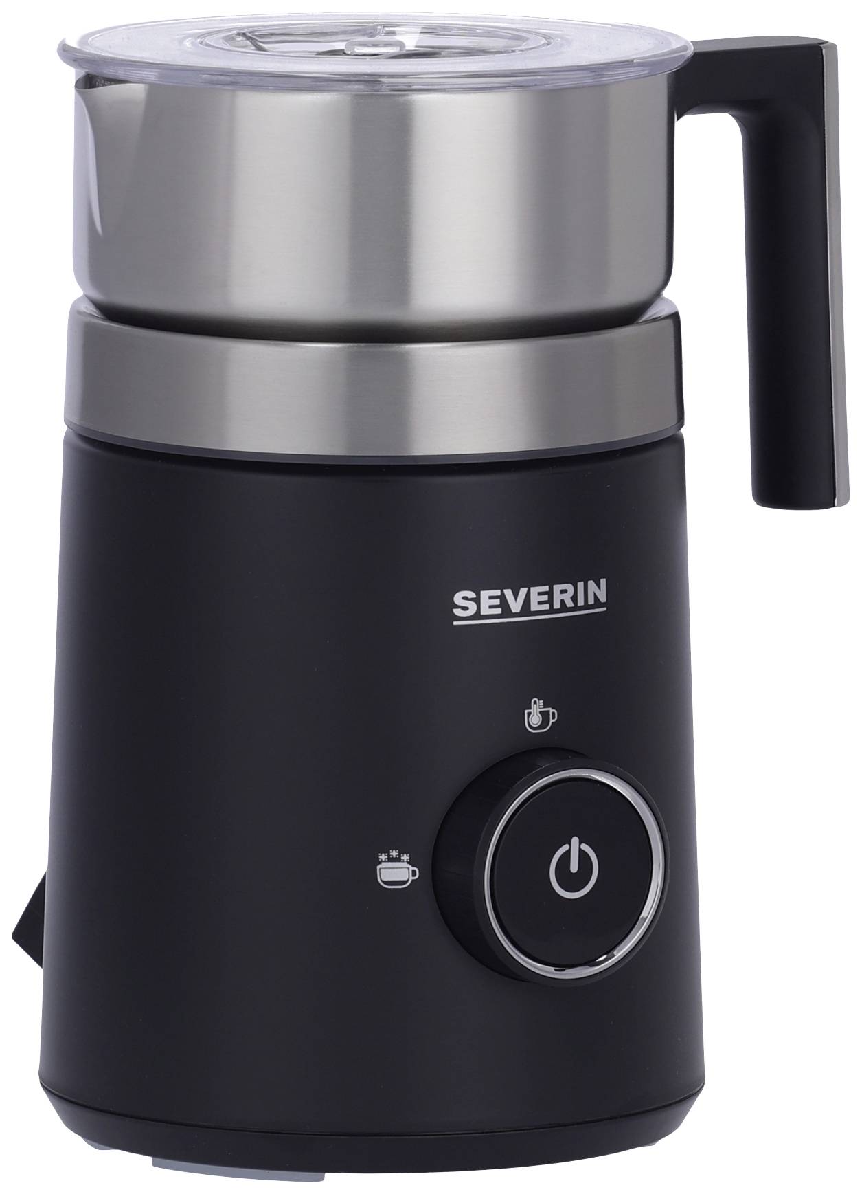 Elektrische melkopschuimer met roestvrijstalen container, zwarte behuizing en bedieningsknop. Geschikt voor het verwarmen en opschuimen van melk.