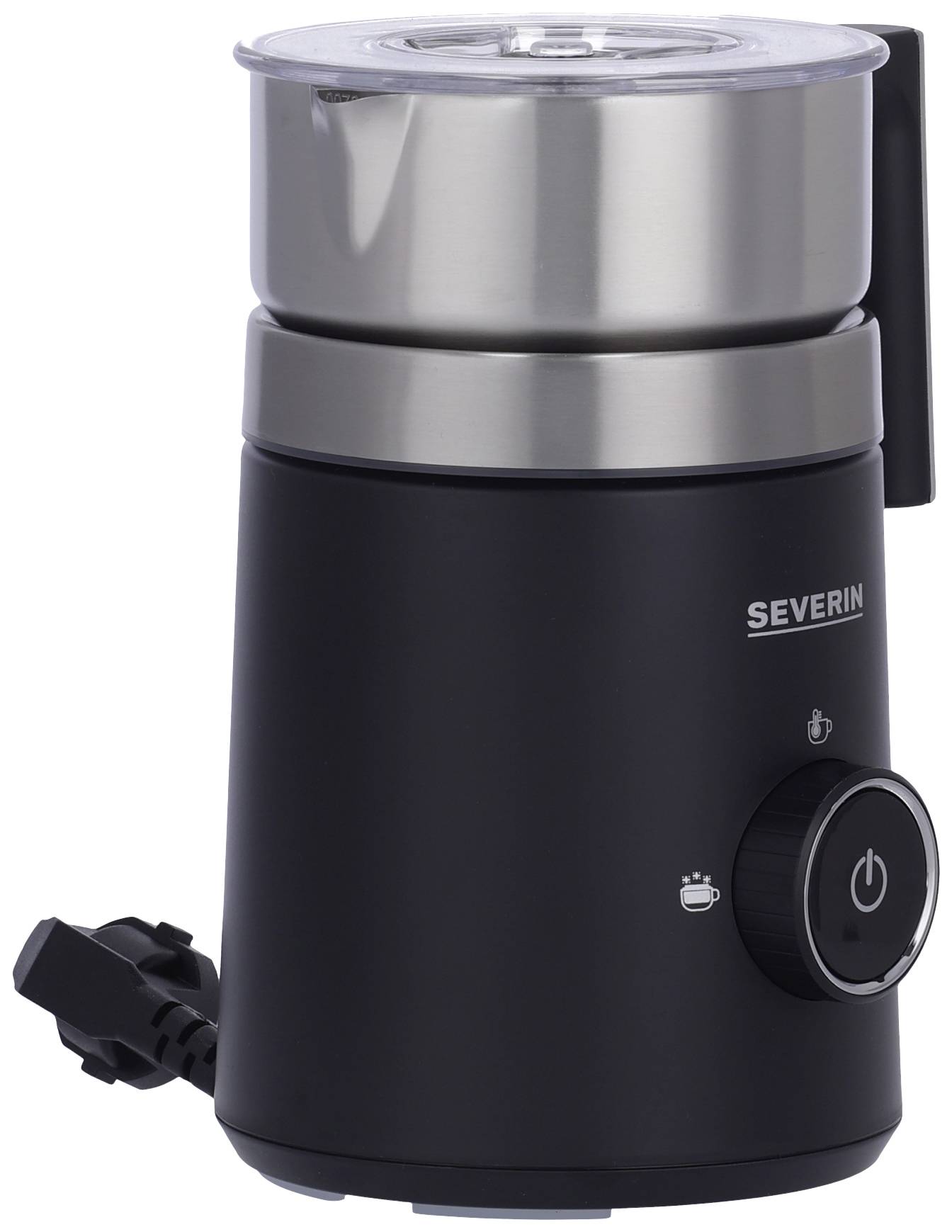 Zwarte elektrische melkopschuimer met zilveren container en twee bedieningsknoppen aan de voorkant. Merknaam 'Severin'.