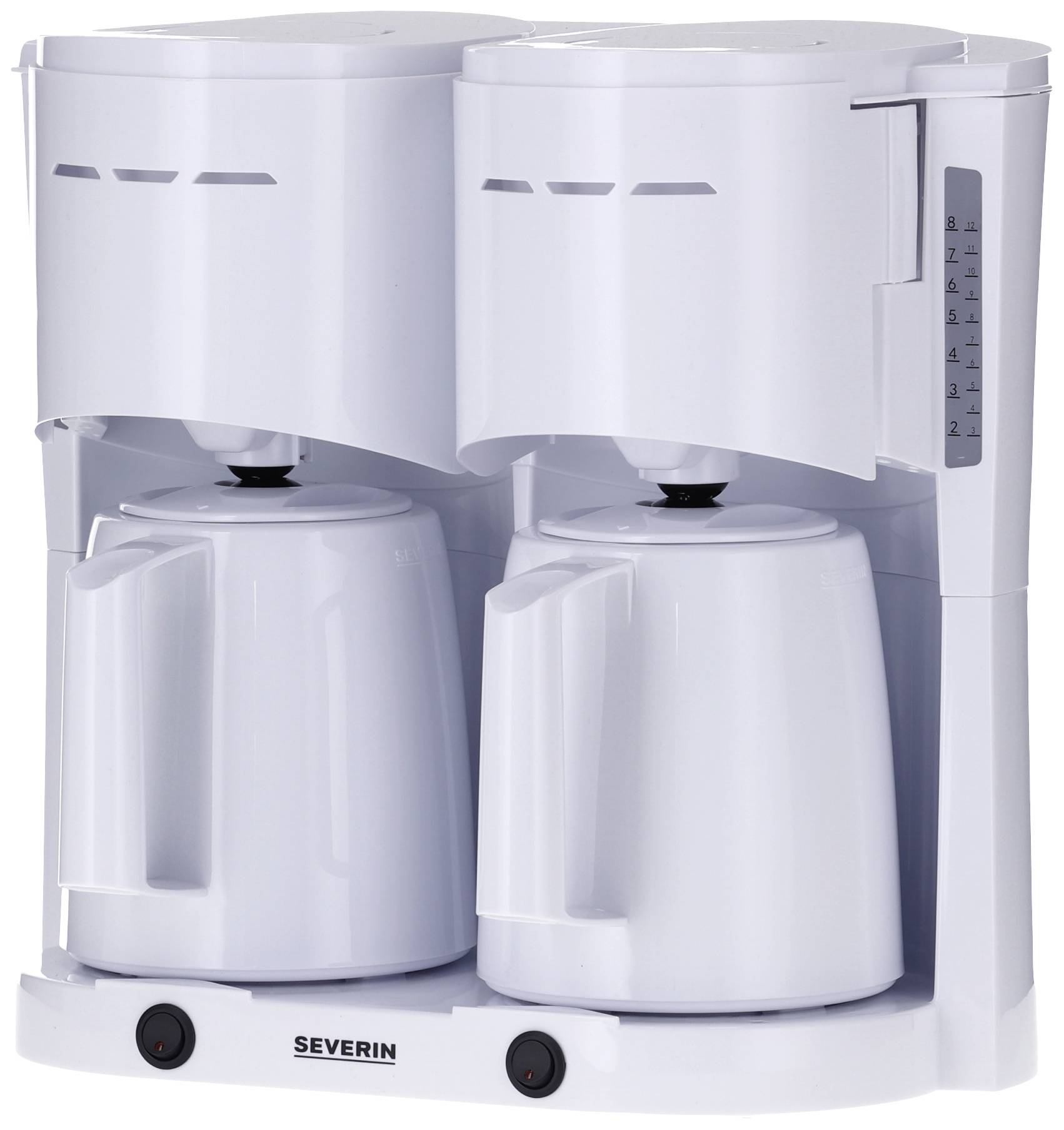 Witte dubbele koffiemachine met twee kannen en een waterreservoir-indicator aan de rechterkant. Merknaam 'Severin' op de voorkant.