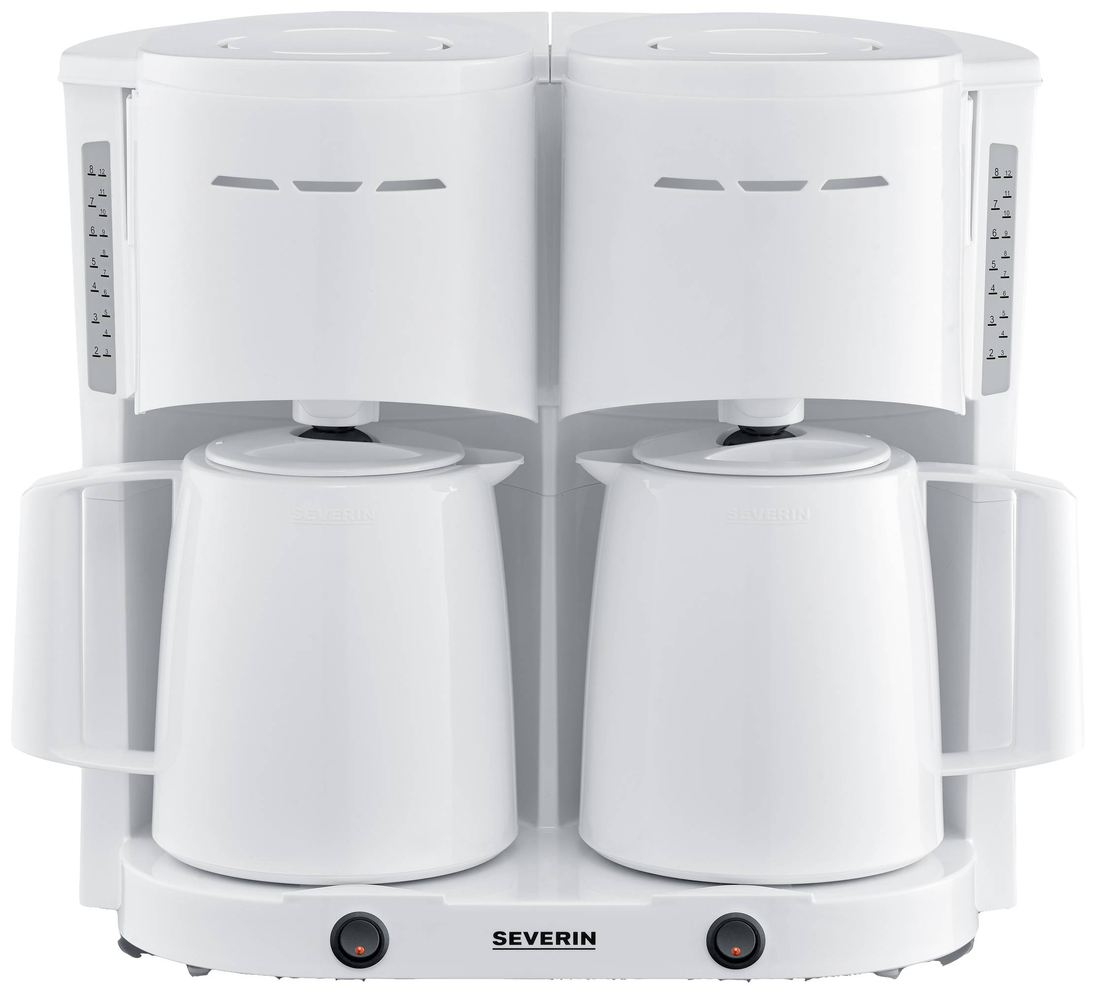 'Witte dubbele koffiezetapparaat met twee geïsoleerde kannen en bedieningselementen aan de voorkant; voor het bereiden van koffie.'