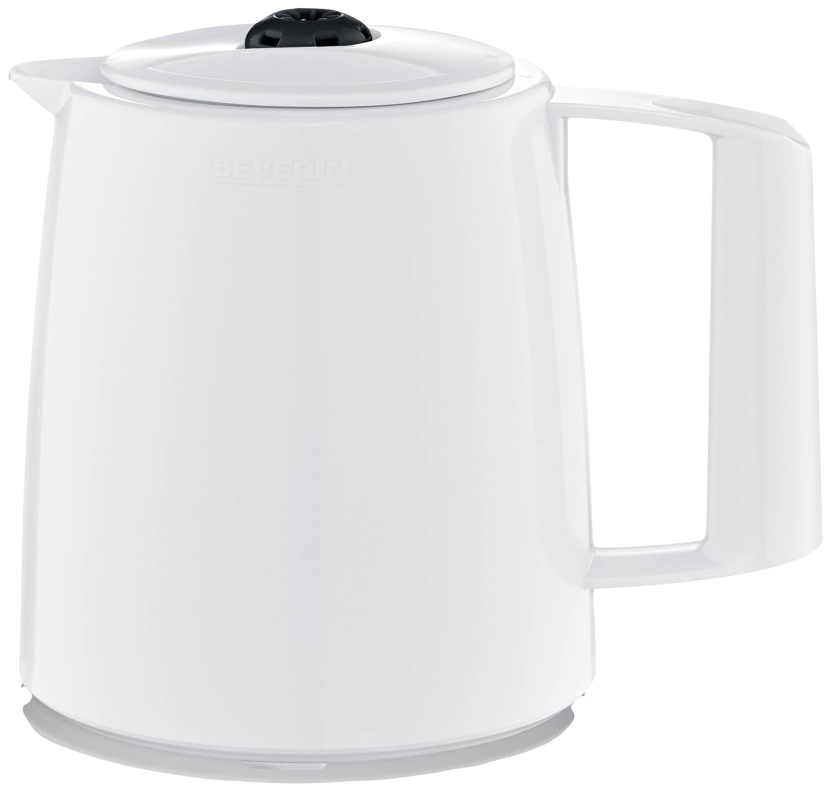 Een witte waterkoker met deksel en handvat staat rechtop.
