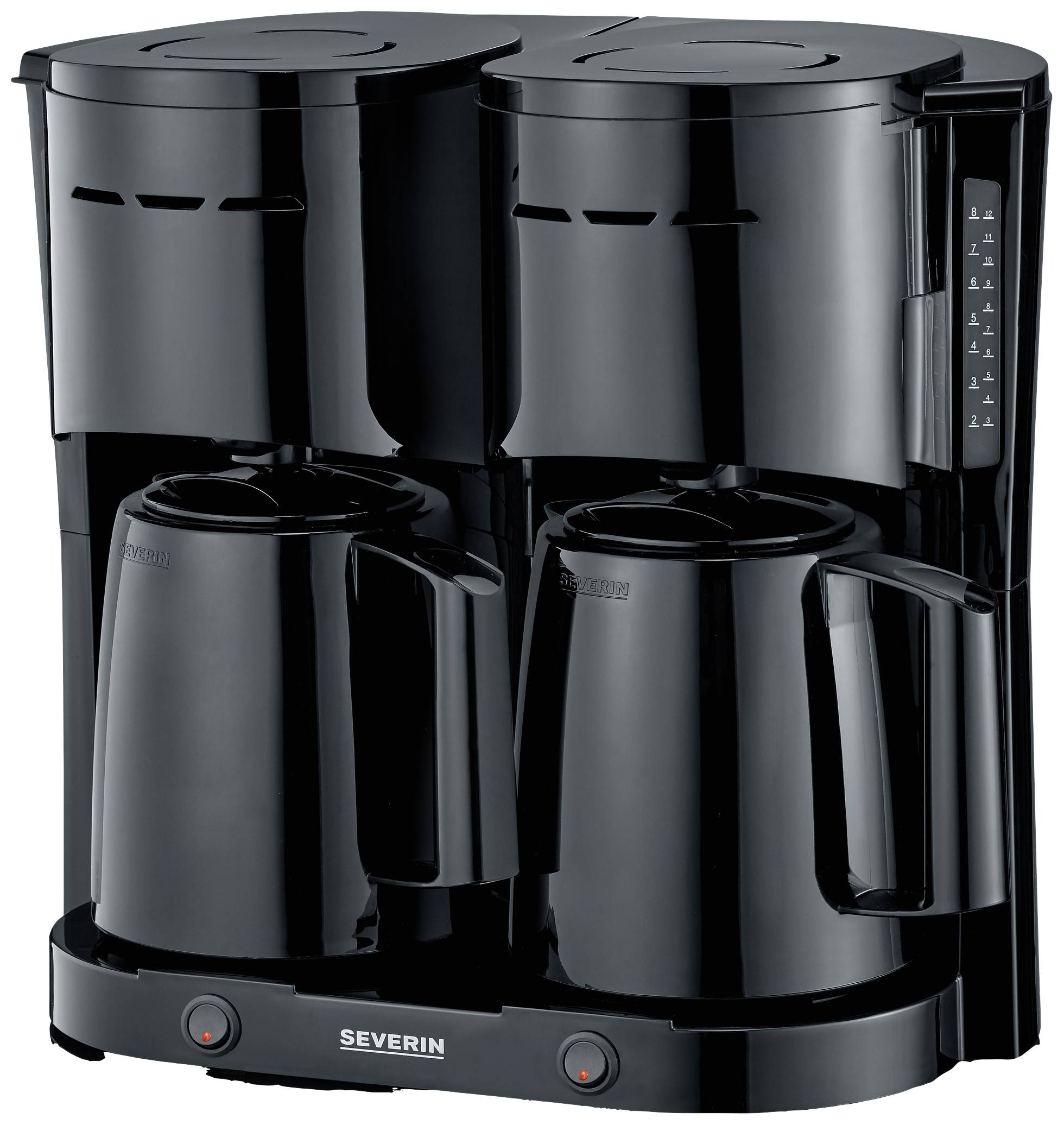 Zwarte koffiemachine met twee thermoskannen, geschikt voor het gelijktijdig bereiden van twee verschillende koffiesoorten.
