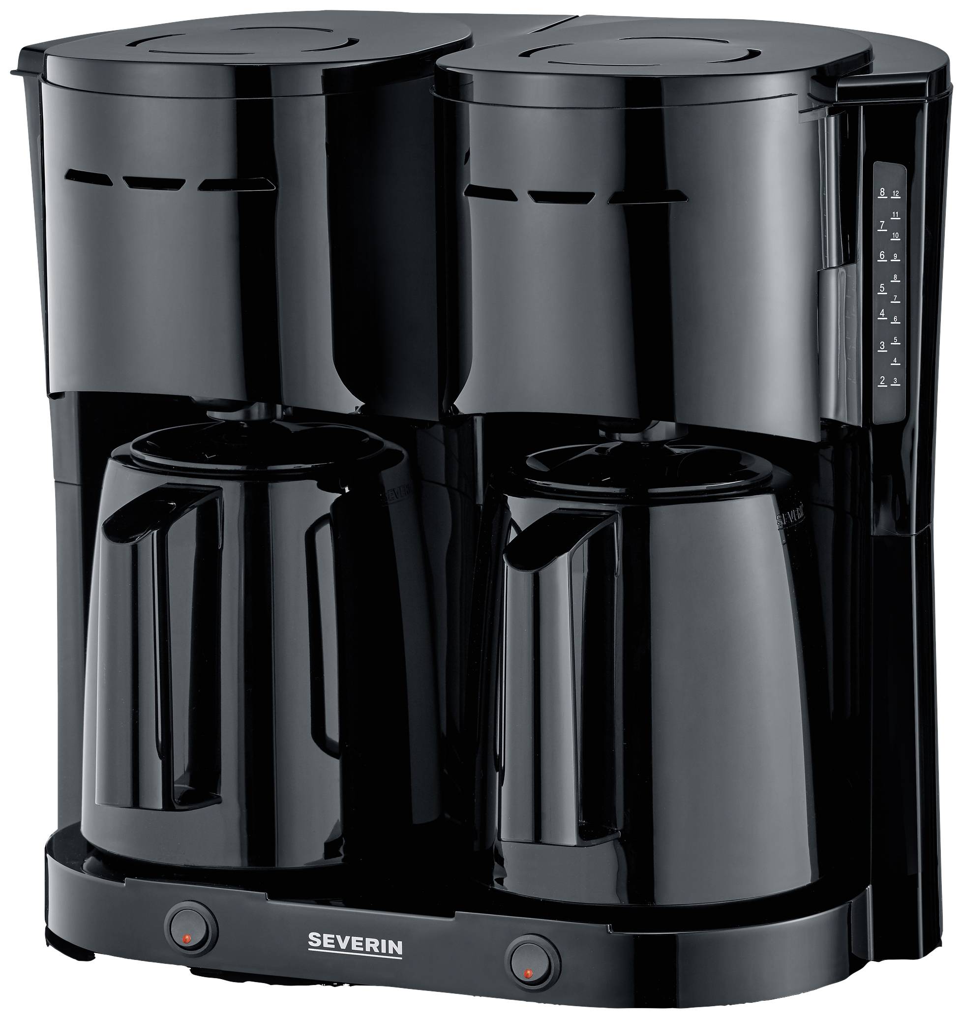 Een zwarte dubbele koffiemachine met twee kannen en een merklogo, geschikt voor het gelijktijdig bereiden van twee kannen koffie.