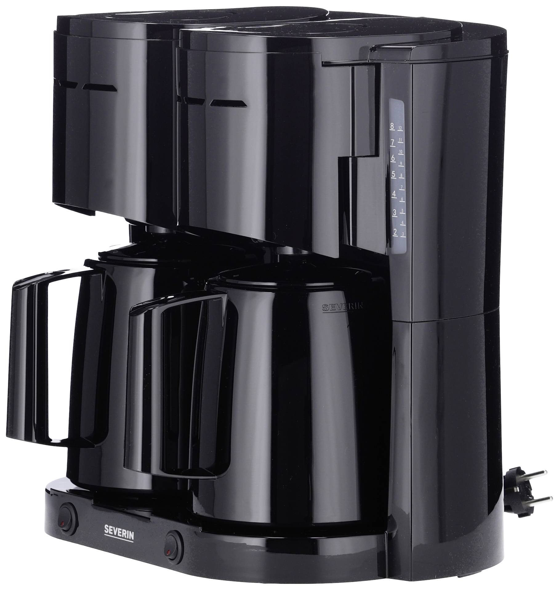 Een zwarte koffiemachine met twee koffiekannen en een waterstandsindicator aan de zijkant. Ideaal voor grote hoeveelheden koffie.