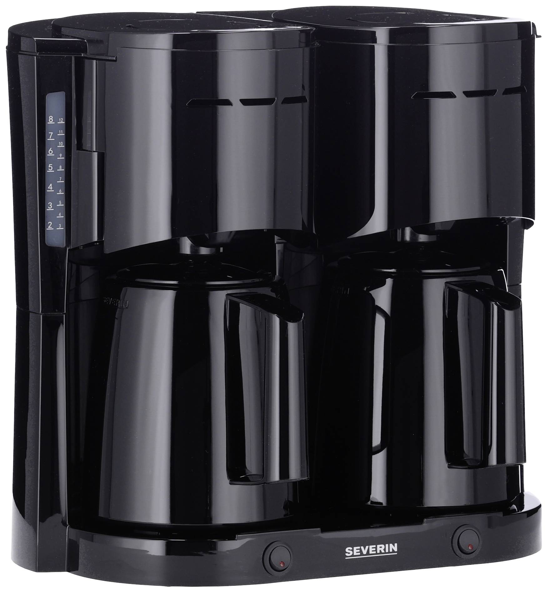 Een zwarte Severin koffiemachine met twee kannen. Links bevindt zich een waterstandsindicator.