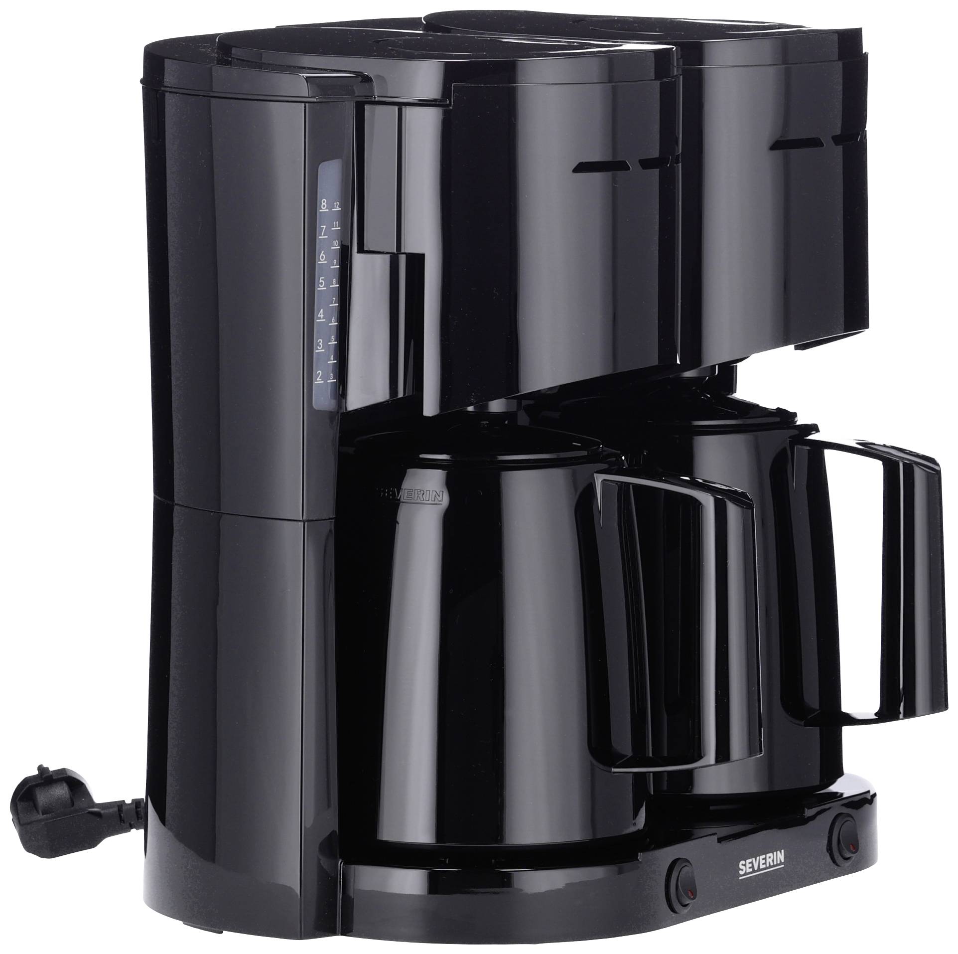 Koffiezetapparaat met twee kannen, design in het zwart. Ideaal voor het bereiden van meerdere kopjes koffee tegelijkertijd.