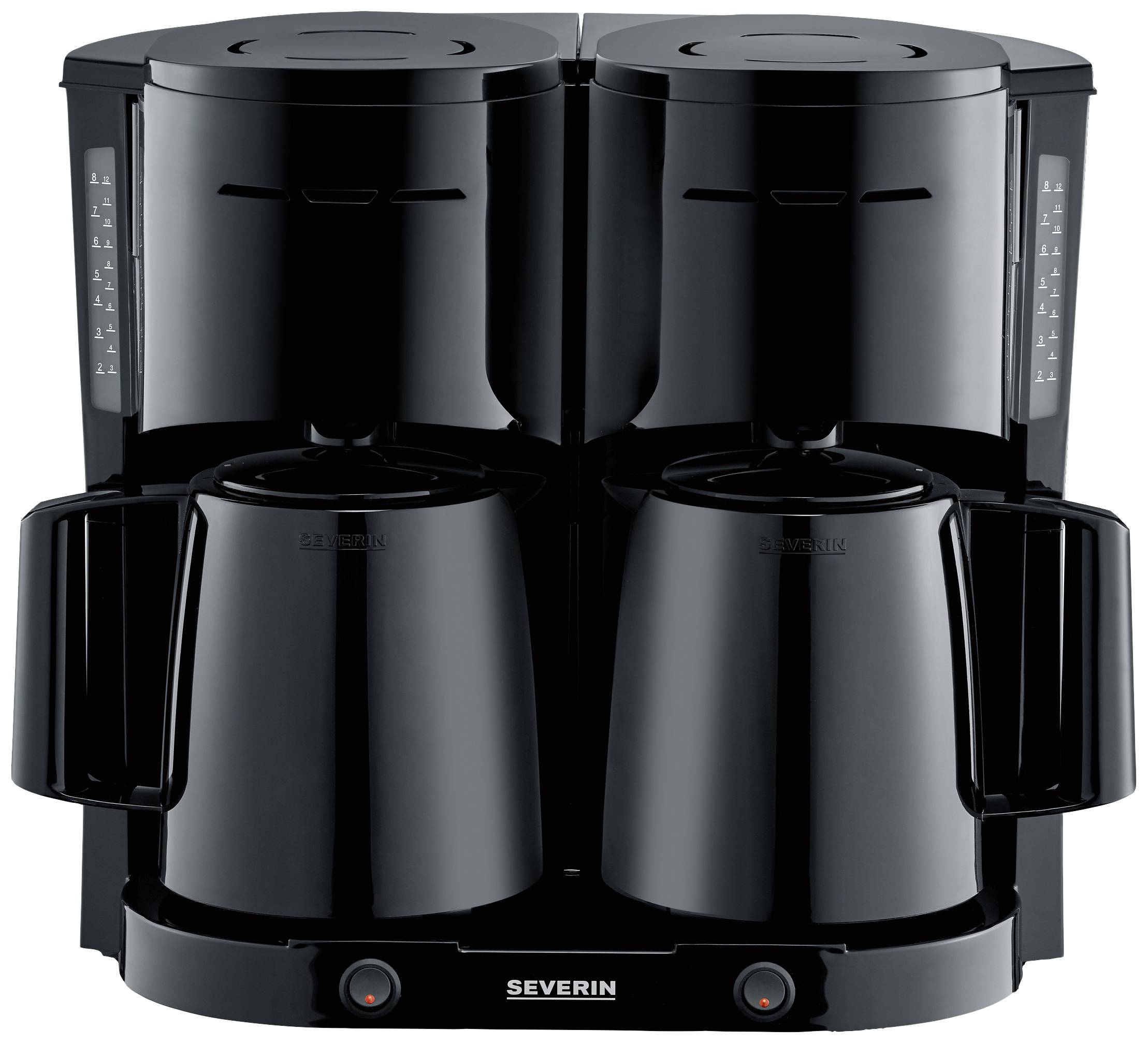 Zwarte koffiezetapparaat met dubbele functie met twee glazen kannen, één aan elke kant, elk onder een druipbescherming, voorzien van schaalverdelingen.