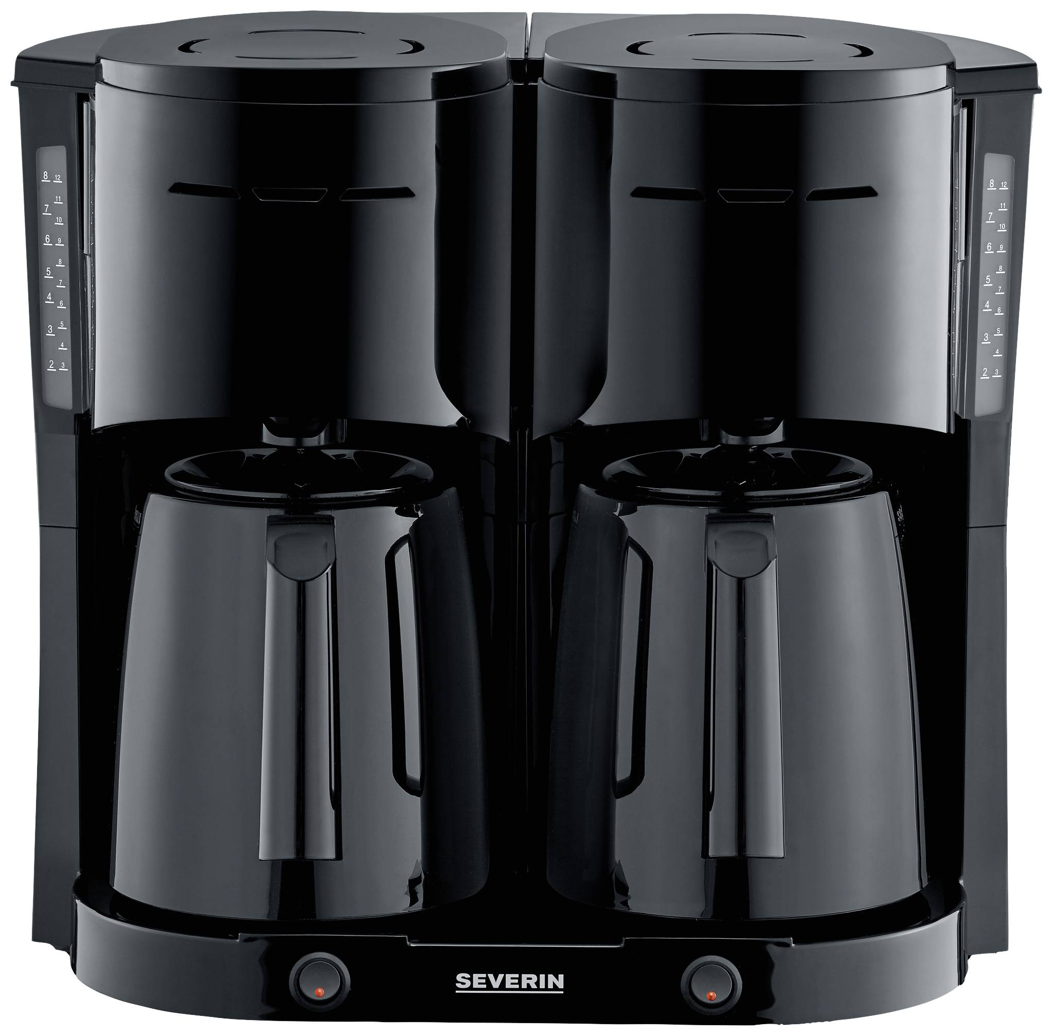 Dubbele zwarte filterkoffiemachine van Severin met twee glazen kannen, geschikt voor grote huishoudens of kantoren.