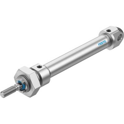 Een cilindrische pneumatische aandrijving van Festo met een metalen behuizing en een opvallend, blauw logo, geschikt voor industriële toepassingen.