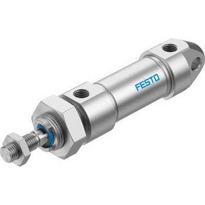 Pneumatische cilinder van metaal met het opschrift 'FESTO', een fabrikant van pneumatische systemen en besturingen.