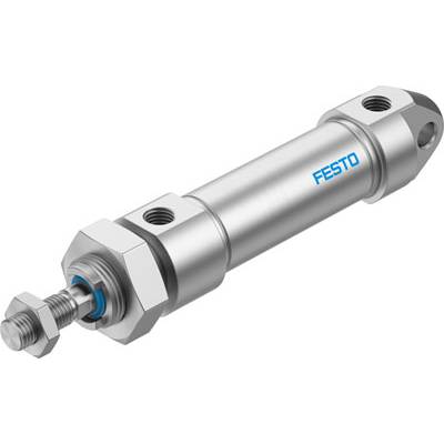 Zilveren pneumatische cilinder met blauwe opdruk 'Festo', twee bevestigingsogen en een schroefdraad aan één uiteinde.