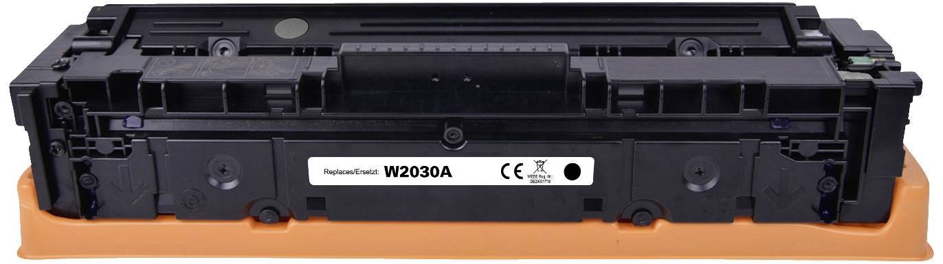 Een zwarte printertonerpatroon met de opdruk 'W2030A', vervanging voor HP-producten. Compatibel en gecertificeerd door CE.