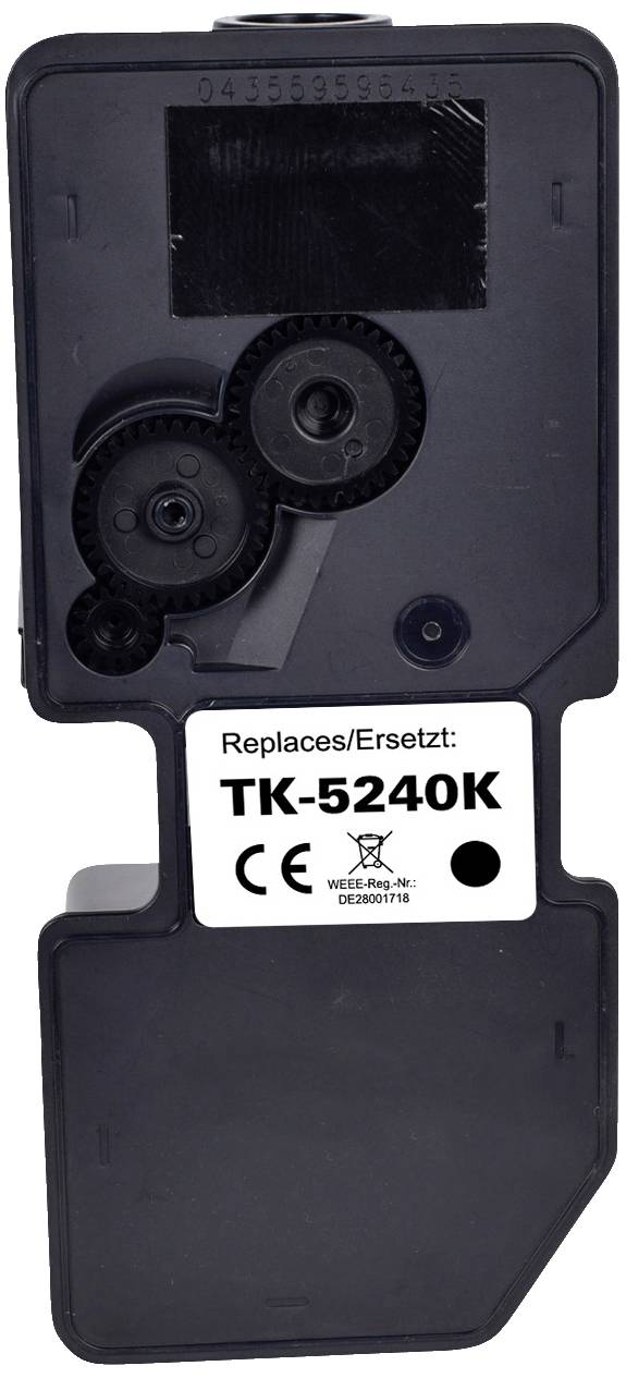 Zwarte tonercartridge, model 'TK-5240K', met sticker 'Replaces/Vervangt: TK-5240K'. Twee zichtbare tandwielen en CE-certificering.