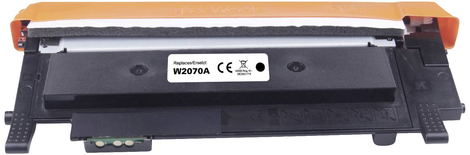Zwarte tonercartridge met opschrift 'W2070A'. Bovenaan een oranje handgreep. Geschikt voor bepaalde printermodellen.
