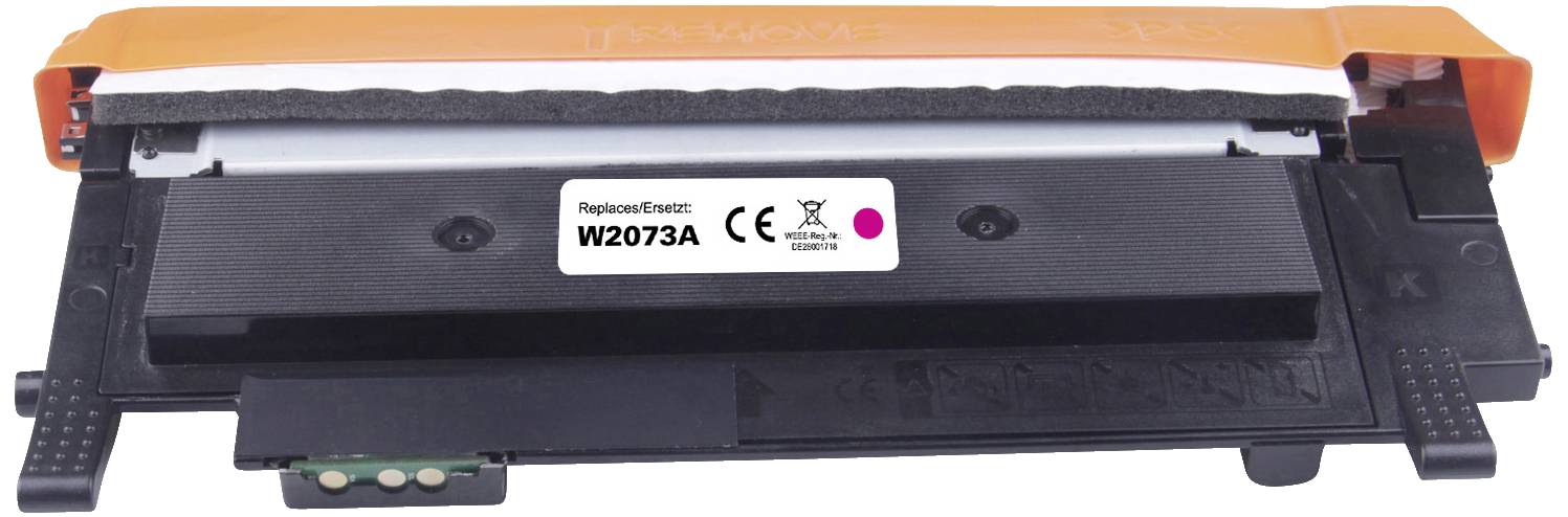 'Magenta tonercartridge W2073A voor printer, met CE- en recyclingsymbolen op witte sticker.'