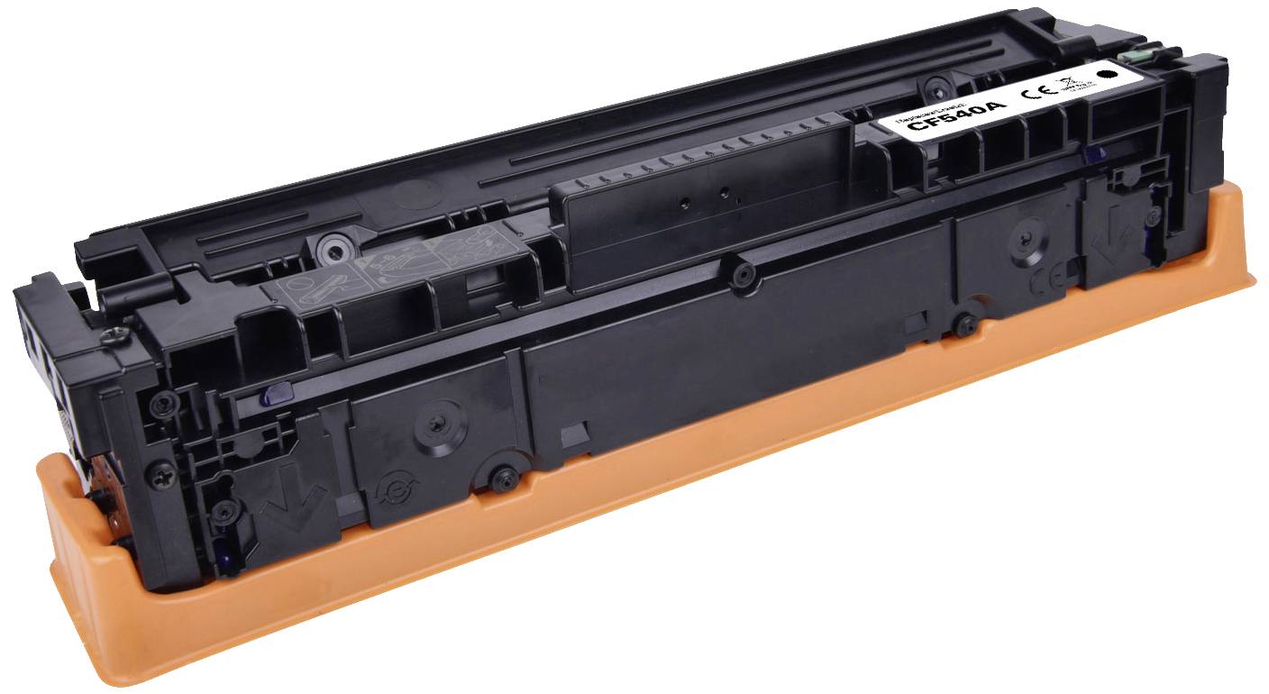 Zwarte tonerpatroon voor een printer, liggend op een oranje houder.