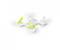 Een kleine witte drone met groene elementen. Hij heeft vier rotoren en is geschikt voor gebruik binnenshuis.
