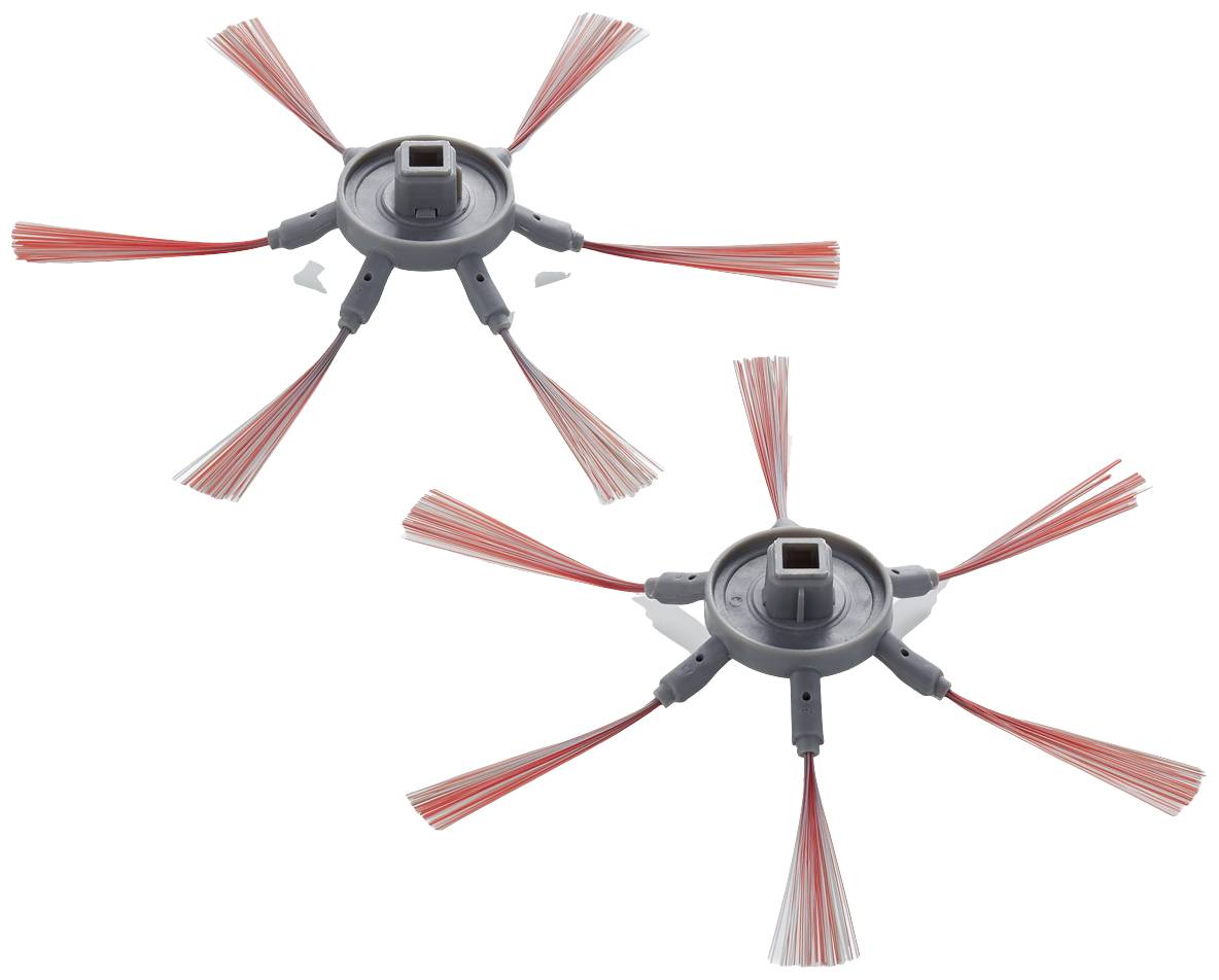 Twee reservezijborstels voor een robotstofzuiger, elk met een grijze basis en rode borstelharen die in een radiaal patroon zijn gerangschikt.