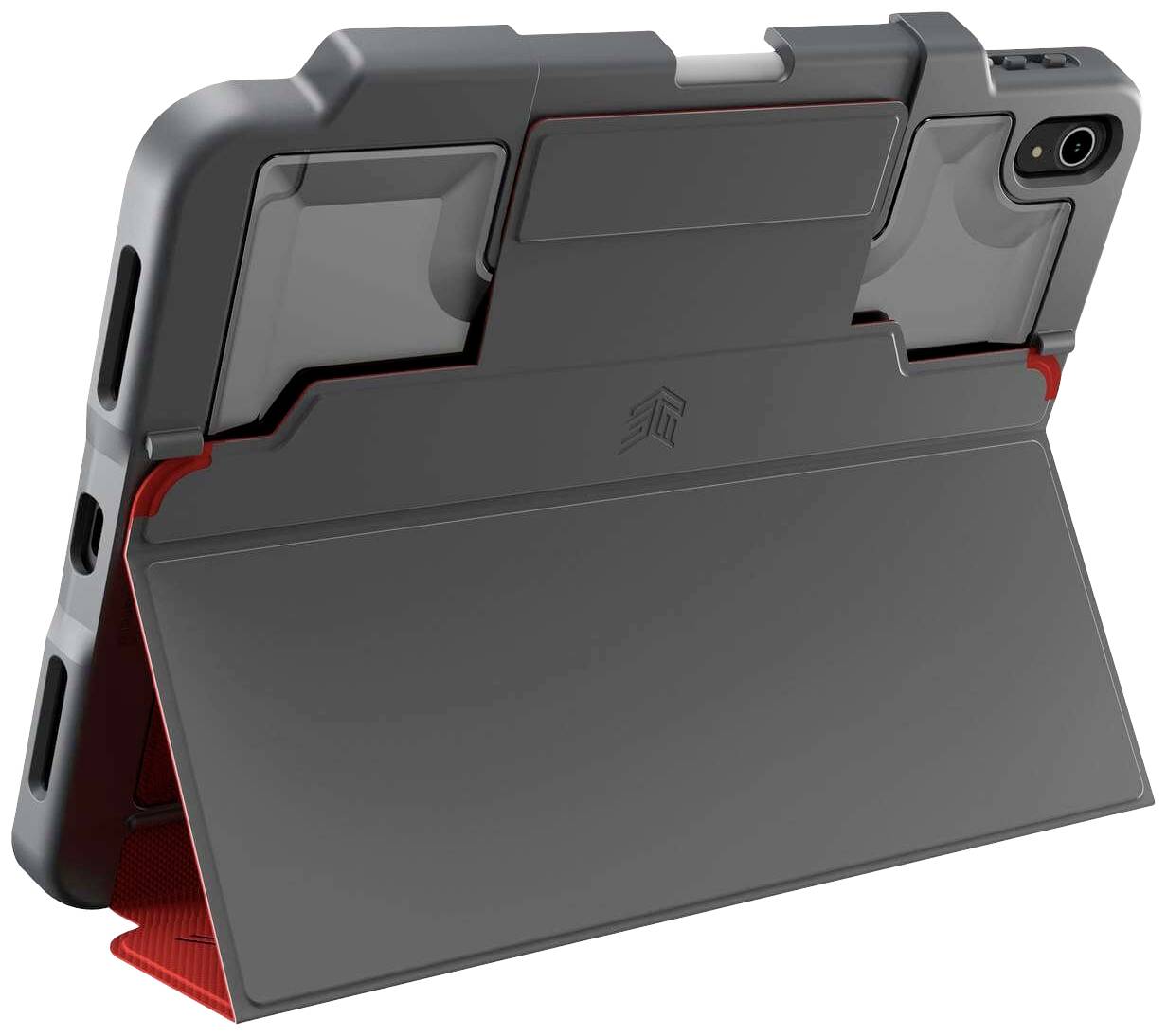 Een robuuste tablet met een dik, beschermend behuizing en een steunpoot, die op een tafel schuin is geplaatst.