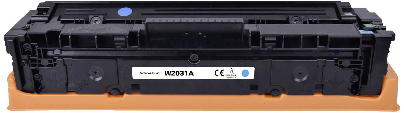 Tonercartridge Model W2031A in oranje-witte houder, compatibel met bepaalde printermodellen.