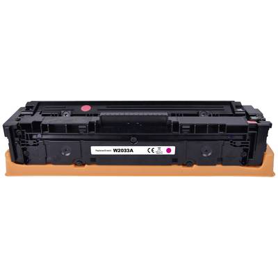 Zwarte tonercartridge voor printer, model W2033A, met CE-markering en rode stip linksboven ter aanduiding.