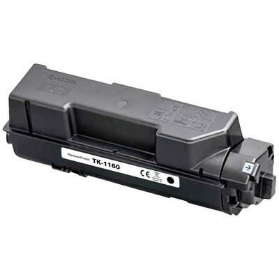 Zwarte tonercartridge met de tekst 'Replacement TK-1160', geschikt voor printers. Voorzien van CE-markering en recyclingssymbool.