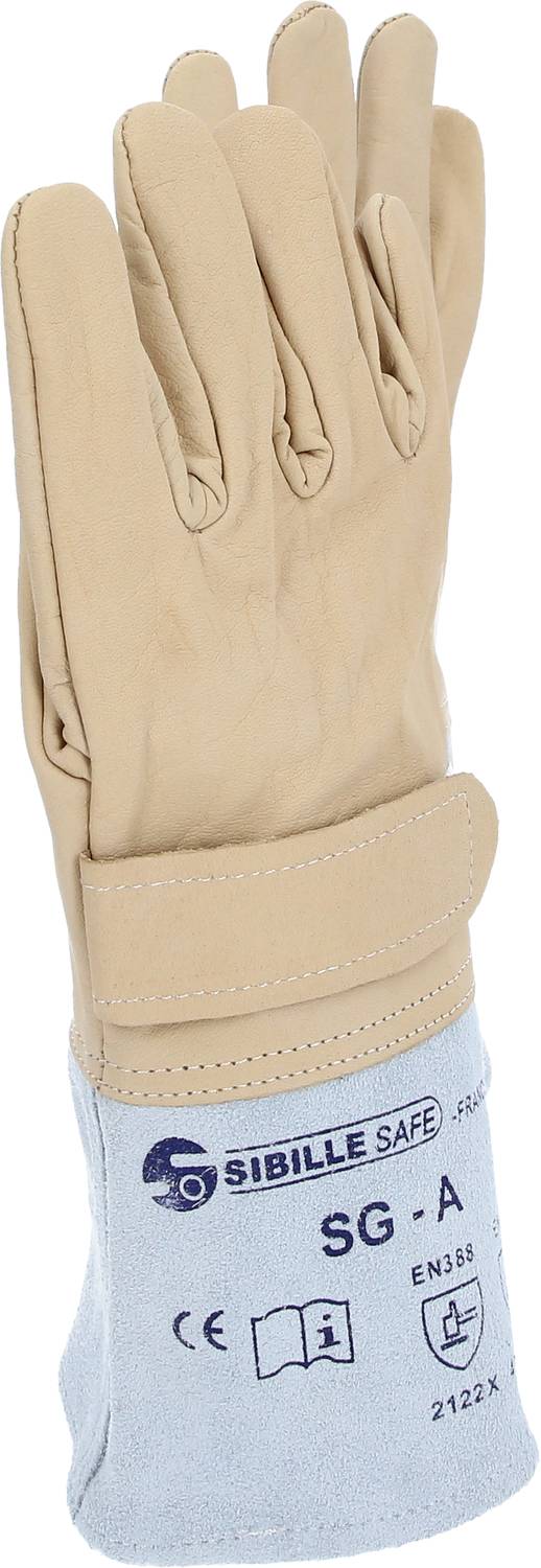 'Werkhandschoen van leer, beige, met manchet en veiligheidskenmerkingen. Merkopdruk 'Sibille Safe', model SG-A.'