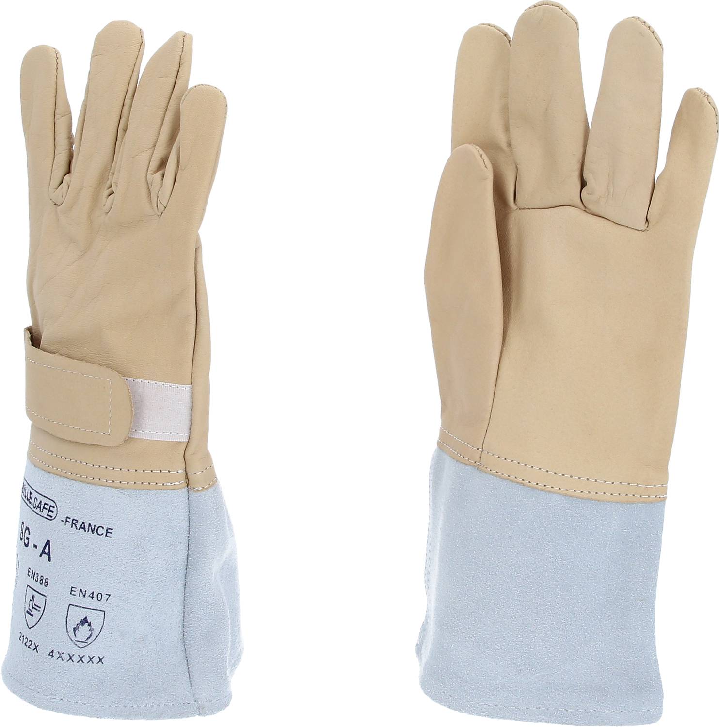 Twee beige lashandschoenen met een grijze manchet, beschermingssymbolen en fabrikantinformatie zijn zichtbaar op de manchetten.