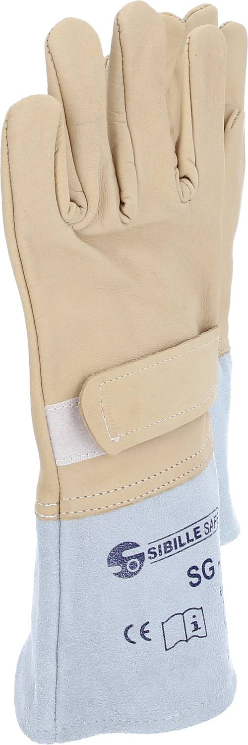 Een paar beige isolatiehandschoenen met een blauwe manchet, geschikt voor elektriciens. Opschrift: 'SIBILLE SAFE SG'. Getest volgens CE-standaard.