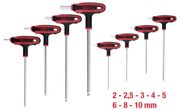 Een set van acht T-sleutel zeskantsleutels in verschillende maten van 2mm tot 10mm, naast elkaar uitgestald met rode en zwarte handgrepen.